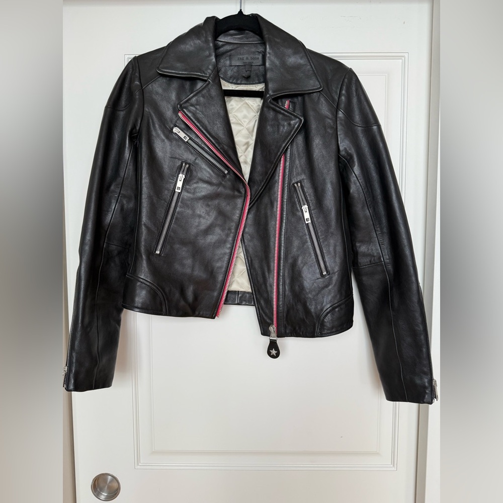 Rag & Bone Griffin Black Leather Moto Jacket with Pink/Red Trim size 2 NWOT
